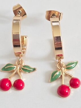 Gold Cherry Hoop Drop Earrings with Red and Green Enamel